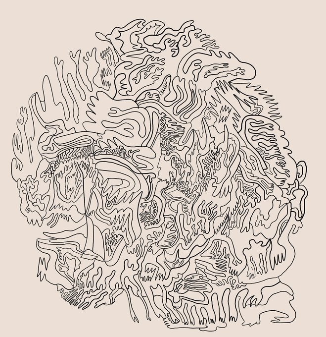 A black ink drawing of a skull composed entirely of swirling, abstract line patterns and organic, flame-like shapes on a cream background, fitting the "Sunday Skull" theme of the linked transient.xyz mint. The piece transforms the macabre subject into a dense, doodle-like illustration filled with flowing curves and intricate textures.