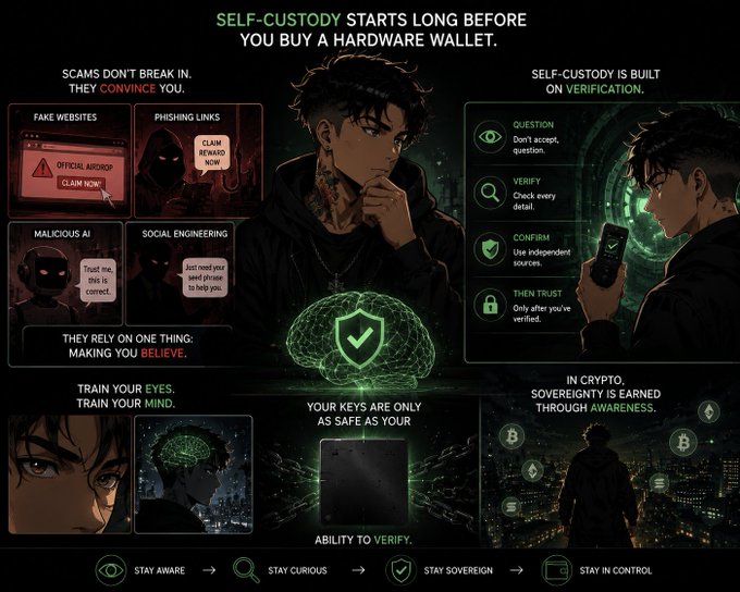 An educational graphic titled 'SELF-CUSTODY STARTS LONG BEFORE YOU BUY A HARDWARE WALLET' warning about crypto scams like fake websites, phishing links, malicious airdrops, and social engineering.