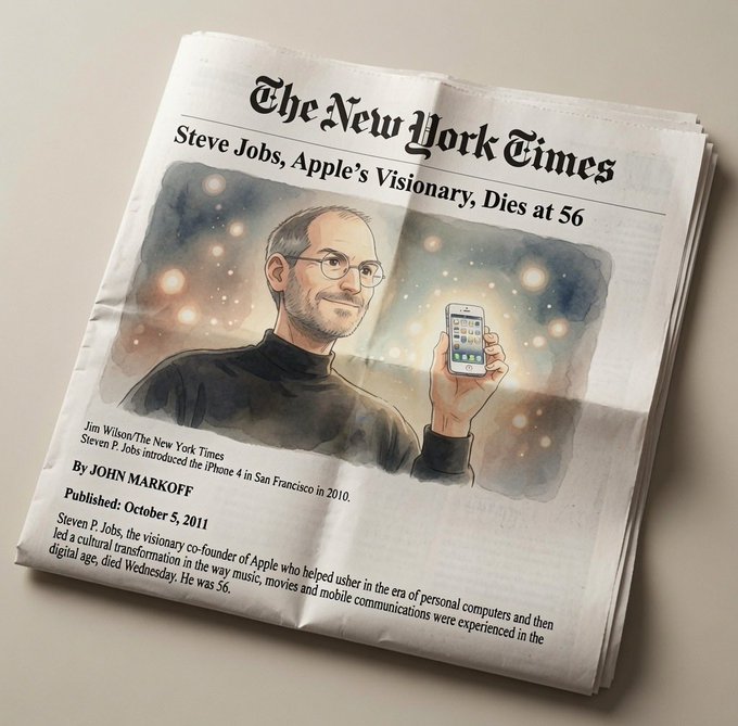 A folded newspaper displays a front-page obituary from 'The New York Times' with the headline 'Steve Jobs, Apple's Visionary, Dies at 56' by John Markoff, published October 5, 2011. The article features an illustrated portrait of Steve Jobs holding an early iPhone.
