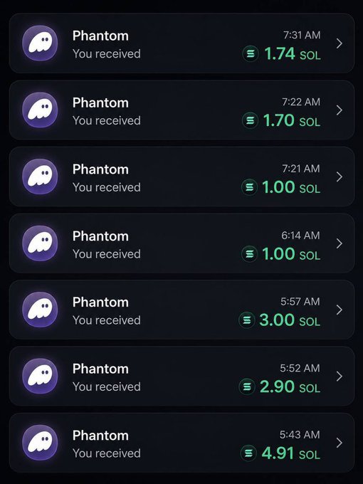 Phantom wallet notification showing multiple incoming SOL transactions ranging from 1.00 to 4.91 SOL between 5:43 AM and 7:31 AM.