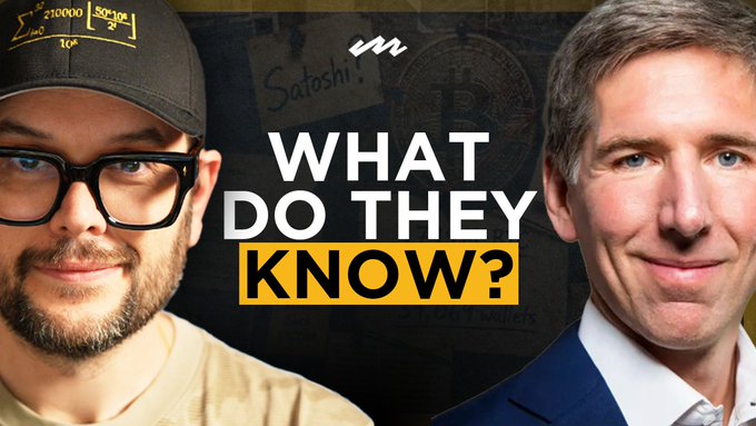 The image shows a thumbnail featuring two men—the YouTuber on the left in a black cap and glasses, and Matt Hougan (Bitwise CIO) on the right—alongside the text "WHAT DO THEY KNOW?" with a "Satoshi" sticky note in the background, promoting an interview about why smart money is holding Bitcoin.