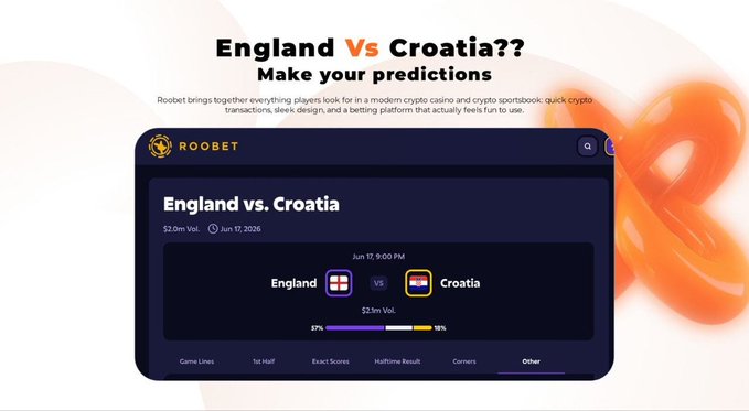 The image features a graphic design of an England vs Croatia game, featuring a large orange circle that encloses the text "EnglandvsCroatia?". The background is white, with black lines and shapes surrounding the text. In the foreground, there are two options presented: predicting the correct answer to the question about England vs Croatia or guessing one's own guess. These options appear to be related to a gaming context, such as a game on Roobet Predictions.