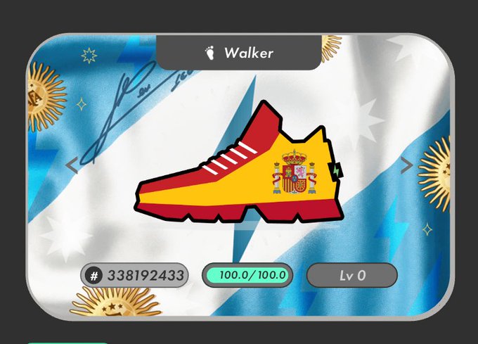 A digital collectible profile page for a 'Walker' NFT featuring a Spanish-themed sneaker with the Spanish flag colors and coat of arms, set against an Argentine flag background.