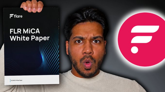 A man holds up a "FLR MiCA White Paper" document next to the Flare cryptocurrency logo, illustrating the YouTube thumbnail about Bitstamp releasing a MiCA-regulated whitepaper for the $FLR token.