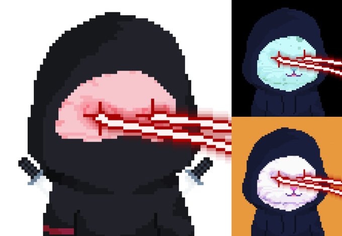 A pixel-art illustration showing a hooded figure with a pink brain-like face emitting red laser beams from its eyes, displayed in multiple color variations on black, blue, and orange backgrounds.
