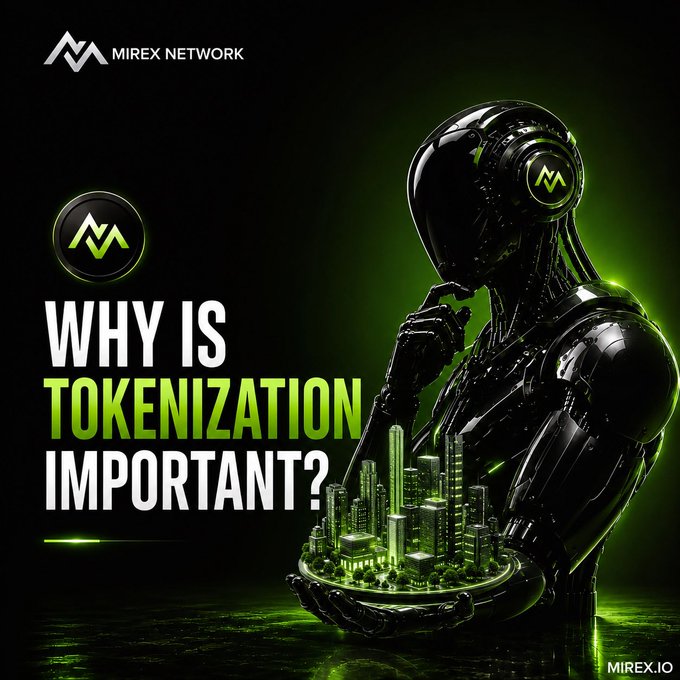 A futuristic black robot with glowing green accents holds a miniature illuminated city in its hand, with the text "MIREX NETWORK" at the top and "WHY IS TOKENIZATION IMPORTANT?" prominently displayed alongside the brand's logo. The image visually reinforces the post's theme by depicting tokenization as the transformation of real-world assets (represented by the city) into blockchain-based digital representations.