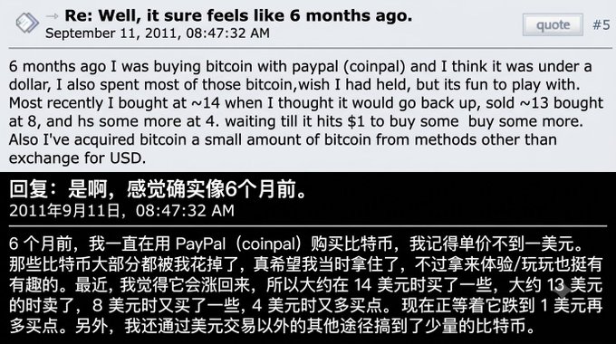 A screenshot of a forum post dated September 11, 2011, discussing buying Bitcoin with PayPal when it was under a dollar, including a Chinese translation of the text.