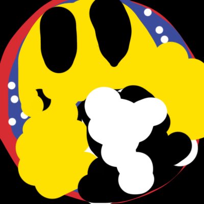 A stylized graphic image showing a yellow smiley face design with black voids and cloud-like shapes against a dark background.