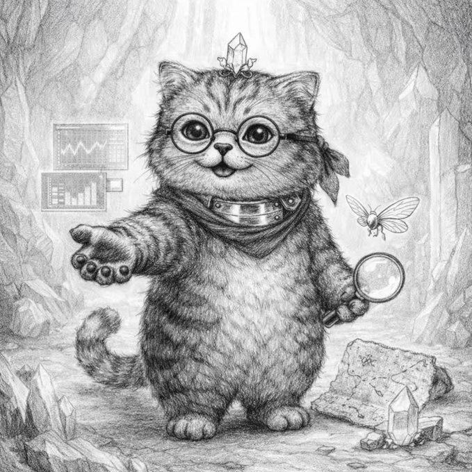 A pencil illustration of a cat wearing round glasses, a bandana, and a small crystal crown, holding a magnifying glass in a crystal cave with holographic displays and a bee.