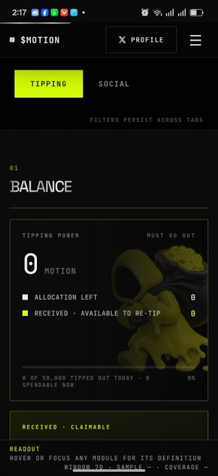 MOTION app screenshot showing the Tipping section with a $MOTION balance of 0, 0 allocation left, 0 received tips available to re-tip, and 0 of 50,000 tipped out today.