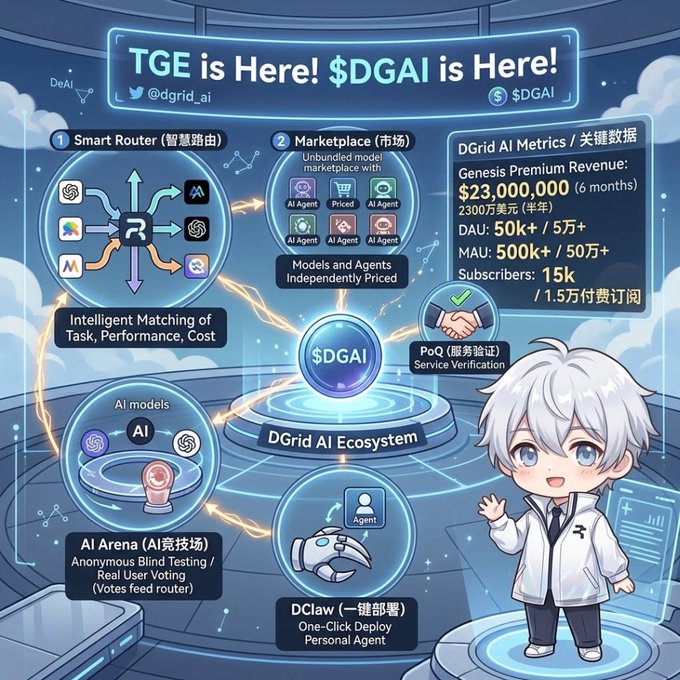 An infographic announcing 'TGE is Here! $DGAI is Here!' for DGrid AI (@dgrid_ai), detailing the DGrid AI Ecosystem with components like Smart Router, Marketplace, AI Arena, DClaw, and metrics including $23,000,000 Genesis Premium Revenue, 50k+ DAU, 500k+ MAU, and 15k Subscribers.