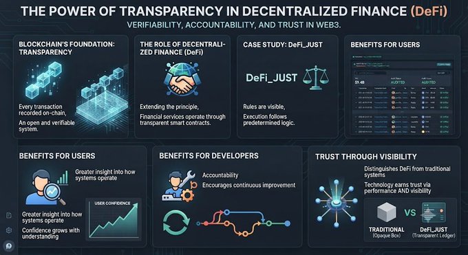 An infographic titled 'THE POWER OF TRANSPARENCY IN DECENTRALIZED FINANCE (DeFi)' detailing sections like Blockchain's Foundation, The Role of DeFi, DeFi_JUST case study, Benefits for Users and Developers, and Trust Through Visibility.