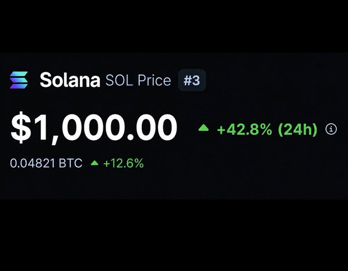 A screenshot displaying the price of Solana (SOL) at $1,000.00, showing a 24h increase of +42.8% and a BTC price of 0.04821 with a +12.6% increase.