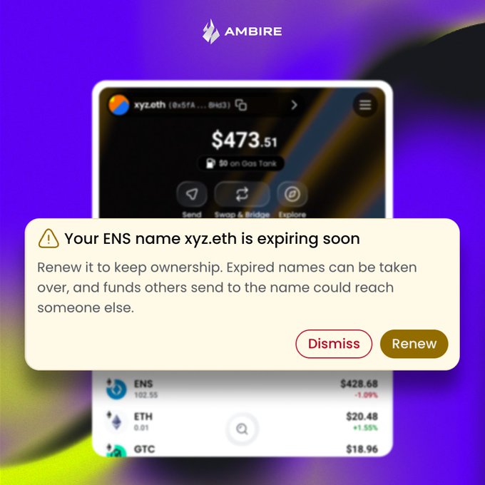 A screenshot of the Ambire crypto wallet app showing a warning notification that an ENS name 'xyz.eth' is expiring soon, with options to 'Dismiss' or 'Renew' and a balance of $473.51 displayed.