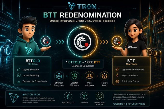 A promotional graphic for 'TRON BTT REDENOMINATION', illustrating the conversion of old BTT tokens (1 BTTOLD = 1,000 BTT) with cartoon characters and BitTorrent branding.