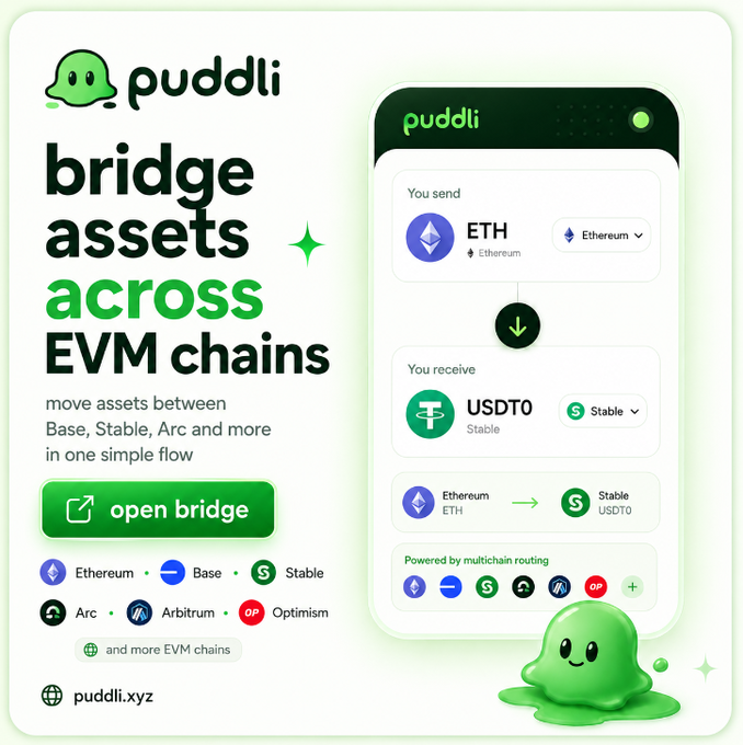 Promotional graphic for 'puddli.xyz', an app that lets users 'bridge assets across EVM chains' like Ethereum, Base, Stable, Arc, Arbitrum, and Optimism, showing an example swap from ETH to USDT0 powered by multichain routing.