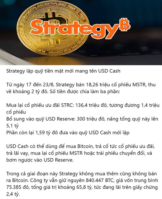 A Vietnamese article about Strategy (formerly MicroStrategy) with a Bitcoin logo, reporting on the company's new USD Cash fund and sales of 18.26 million MSTR shares worth approximately 2 billion USD.