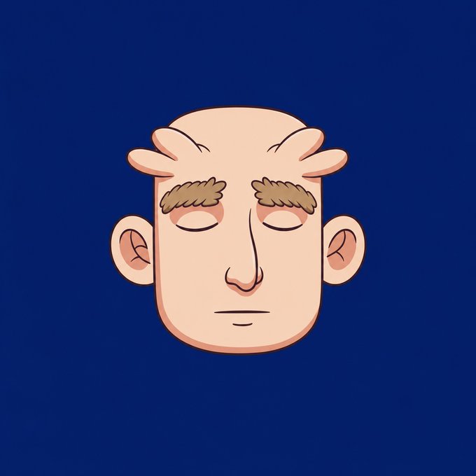 A minimalist cartoon illustration features a bald man with brown eyebrows and closed eyes against a dark blue background.