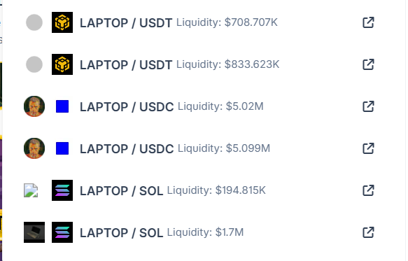 A screenshot of cryptocurrency liquidity pools showing LAPTOP paired with USDT, USDC, and SOL, with liquidity values ranging from $194.815K to $5.099M.