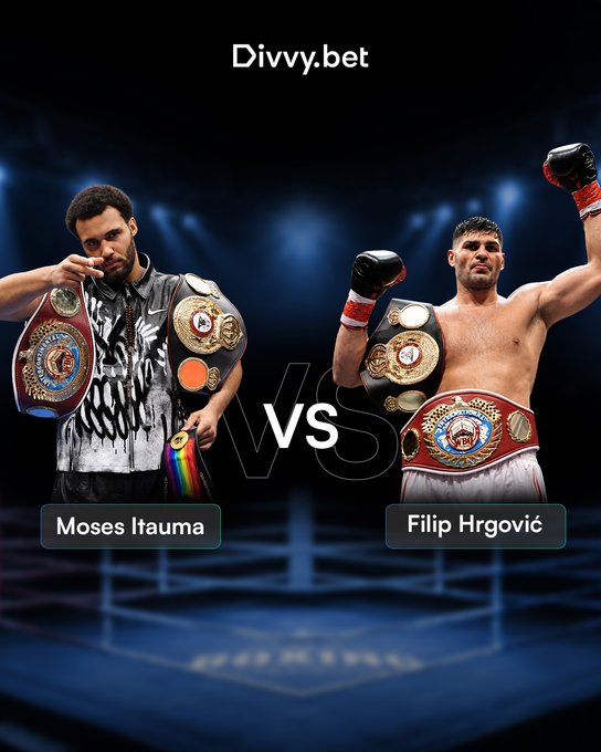 A promotional graphic from Divvy.bet advertising a boxing match between Moses Itauma and Filip Hrgović, showing both fighters posing with championship belts against a boxing ring backdrop.