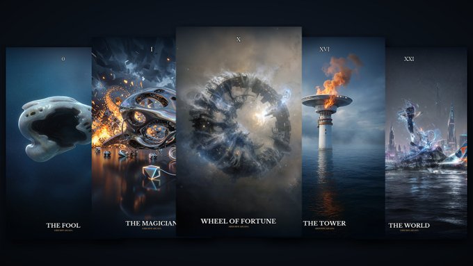 The image showcases a striking series of five tarot cards from the Major Arcana, numbered 0 (THE FOOL) through XXI (THE WORLD), featuring surreal, ethereal imagery including a floating figure, a fragmented eye, a swirling vortex, a flaming tower, and a glowing crystalline form against dark cosmic and aquatic backgrounds. The accompanying post about the @SuperRare "Spiral" exhibition ties into the mystical, swirling visual themes depicted across the cards—particularly the vortex-like Wheel of Fortune—that evoke the unconscious and mysterious forces guiding the artwork's creation.