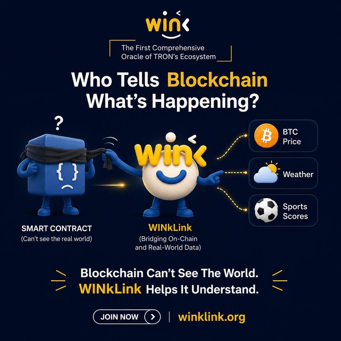 The image features a cartoon character wearing a black mask with the text "Who tells Blockchain What's happening?". The character appears to be holding a blue cube that says "WINSINKLINK" on it, which is likely a logo or a website name related to the WINSINKLINK organization.!