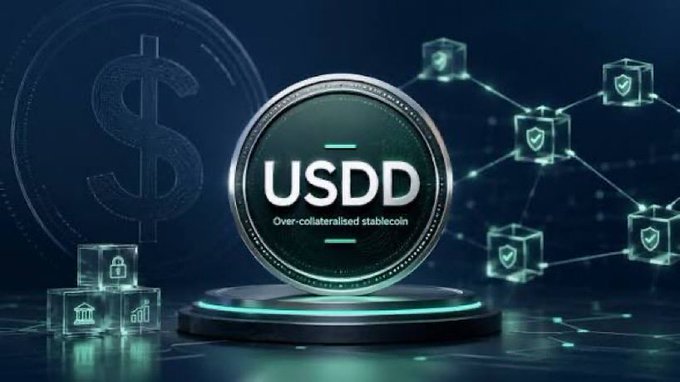 A promotional graphic for the 'USDD' over-collateralised stablecoin, featuring a glowing coin logo surrounded by stylized lock and bank icons on a dark blue background.