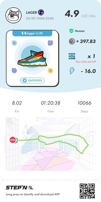 A STEPN app screen showing a "LAGER Lv30" sneaker NFT, displaying stats like 4.9 GST/Min, 8.02 Km distance, and a running activity map.
