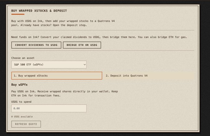 A screenshot of a web interface titled "BUY WRAPPED XSTOCKS & DEPOSIT," with options to "CONVERT DIVIDENDS TO USDG" and "BRIDGE ETH OR USDG," and a dropdown menu selecting "S&P 500 ETF (wSPYx)."