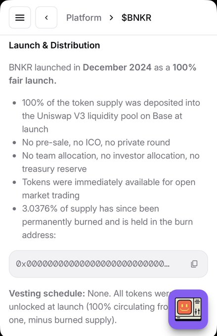 A webpage detailing the "Launch & Distribution" of $BNKR token, launched in December 2024 as a 100% fair launch with 100% of supply in Uniswap V3 liquidity pool on Base, no pre-sale/ICO, and 3.0376% of supply permanently burned.