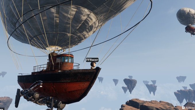 A video game screenshot showing a red boat suspended as a hot air balloon with 'FFRacer' labeled, flying among floating rocky islands in a blue sky.