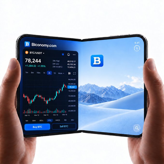 Hands holding a foldable smartphone displaying the Biconomy.com trading platform, showing BTC/USDT at 78,244 with a +1.95% gain and Buy/Sell BTC buttons.