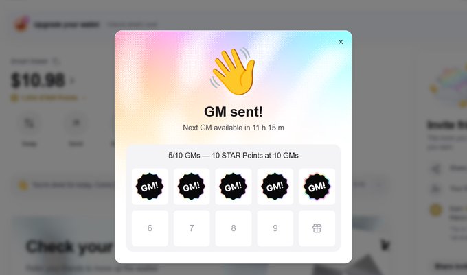 A popup window showing 'GM sent!' with a waving hand emoji, indicating the next GM is available in 11 hours 15 minutes on what appears to be a crypto rewards platform.