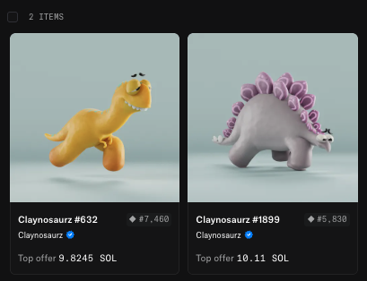 Two 3D-rendered toy dinosaur collectibles displayed for sale: 'Claynosaurz #632' (yellow T-Rex) with top offer 9.8245 SOL, and 'Claynosaurz #1899' (purple spiky dinosaur) with top offer 10.11 SOL.