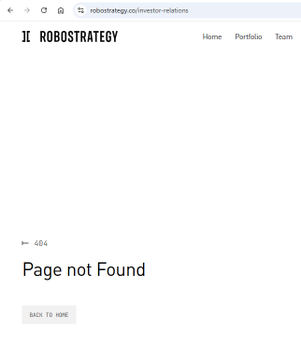 In the image, there's a screenshot of an online trading platform with the search bar located at the top left corner. The text displayed says "Page not found" and indicates that the desired page has been removed from the search results for a given topic or term. This could be due to various reasons such as low search volume, website ranking issues, or outdated information about the subject matter. In the context of this image, the ROBOSTYTEGY website is being referred to but the specific content or page it displays has not been found yet.