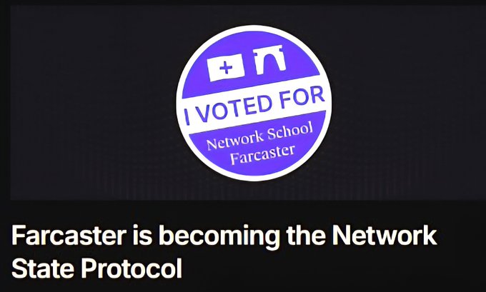 A purple "I VOTED FOR" badge with the Farcaster logo appears above text stating "Farcaster is becoming the Network State Protocol."