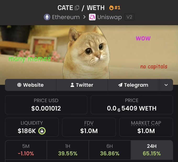 The image shows a DexScreener page for the $CATE token paired with WETH on Uniswap V2 (Ethereum), featuring a meme cat photo with the captions "many memes," "wow," and "no capitals." The token shows a price of $0.001012, with a market cap of $1.0M and a notable 65.15% gain over 24 hours, suggesting recent momentum that aligns with the post's speculation about traders potentially rotating profits into this token.