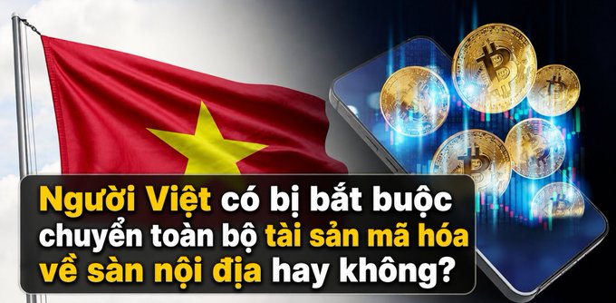 An image showing the Vietnamese flag on the left, Bitcoin coins floating over a smartphone displaying a stock chart on the right, with the Vietnamese text "Người Việt có bị bắt buộc chuyển toàn bộ tài sản mã hóa về sàn nội địa hay không?"