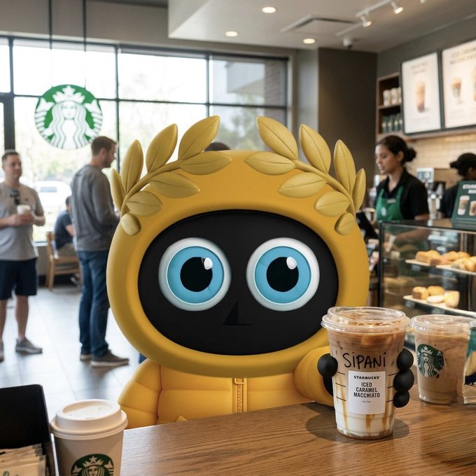 A cute yellow robot mascot with a laurel wreath sits at a Starbucks table, holding an Iced Caramel Macchiato, blending the tech theme of quantum networking with a casual coffee shop scene to symbolize connected, everyday innovations.