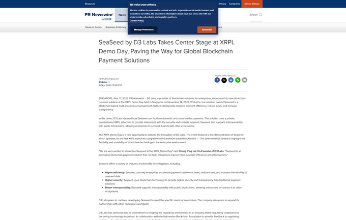 A PR Newswire article from November 19, 2025, reports that D3 Labs took center stage at the XRPL Demo Day in Singapore, showcasing its blockchain-based multi-asset class management platform SeaSeed aimed at transforming payment efficiency for enterprises in the new blockchain payment era.