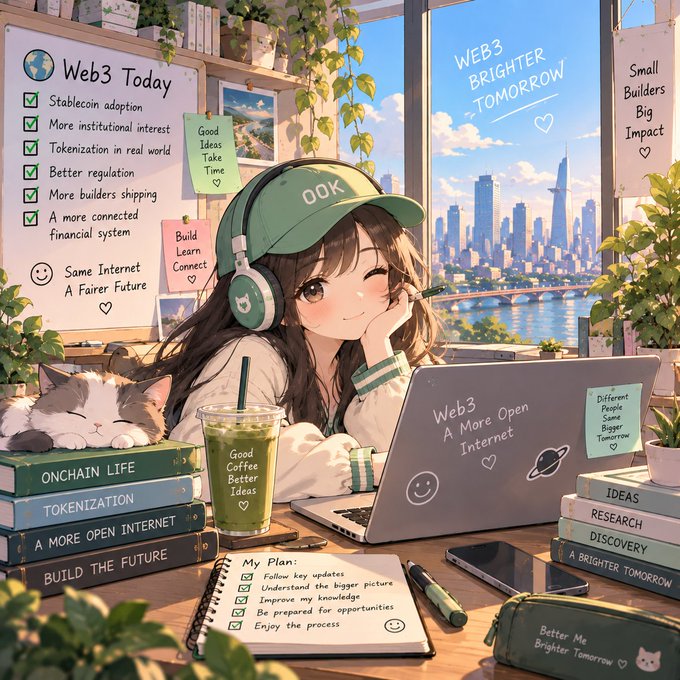 An anime-style illustration depicts a smiling girl with a green 'OOK' cap and headphones working at a laptop labeled 'Web3 A More Open Internet,' surrounded by sticky notes and books reading 'ONCHAIN LIFE,' 'TOKENIZATION,' and 'IDEAS RESEARCH DISCOVERY,' with a whiteboard titled 'Web3 Today' listing goals like 'Stablecoin adoption' and 'More institutional interest.'