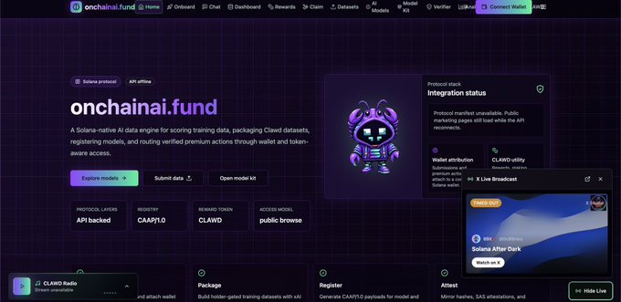 A screenshot of the onchainai.fund website, a Solana-native AI data engine featuring a purple character mascot, with navigation options and an X Live Broadcast overlay about Solana After Dark.