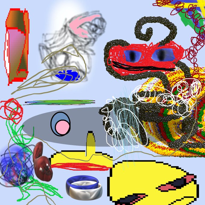 A chaotic digital collage features distorted cartoon characters, scribbles, pixel art faces, and abstract colorful shapes on a light blue background.