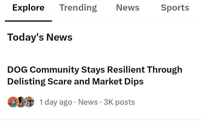 Screenshot of a news app showing a 'Today's News' article titled 'DOG Community Stays Resilient Through Delisting Scare and Market Dips.'