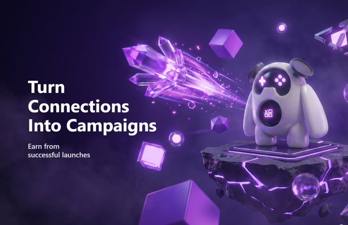 The image features a purple background with various shapes and objects scattered throughout, including cubes, spheres, and diamonds. The text "turn connections into campaigns" is written above these shapes, while the phrase "gRiver One thing @RiverdotInc has proven lately is that strong ecosystems aren't built only through hype... they're sustained through real participation, utility, and consistent community engagement." This message emphasizes the importance of utilizing connections to create successful campaigns.

The image also includes a small white robot in the center surrounded by purple shapes. The robot appears to be interacting with the objects around it, possibly as part of an advertisement or promotional campaign for a product or service related to gaming or technology.