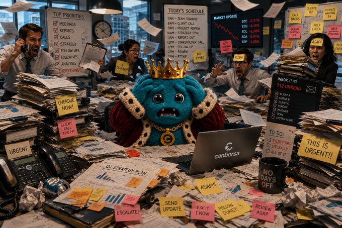 A chaotic office scene featuring a central blue monster-like figure wearing a crown and gold chain, surrounded by stressed coworkers, stacks of papers, and urgent sticky notes with phrases like 'OVERDUE NOW!' and 'NO DAYS OFF'.