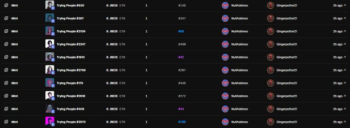A screenshot of NFT mint transactions showing multiple "Trying People" entries at 0.0035 ETH each, all minted by NullAddress from a contract called Gingerpotter21.