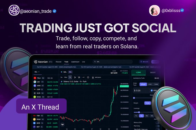 A promotional graphic for Aeonian (@aeonian_trade) and @0xblisss titled 'TRADING JUST GOT SOCIAL' showing a crypto trading interface on Solana.