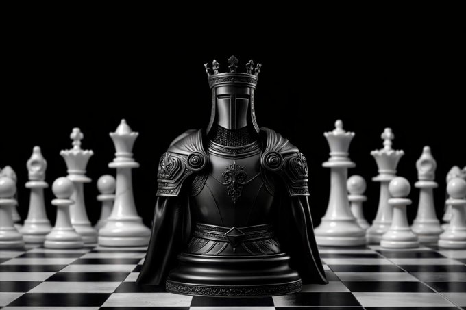 A 3D render of a black chess king piece styled as an armored knight with a crown and sword emblem, positioned in front of white chess pieces on a checkered board.