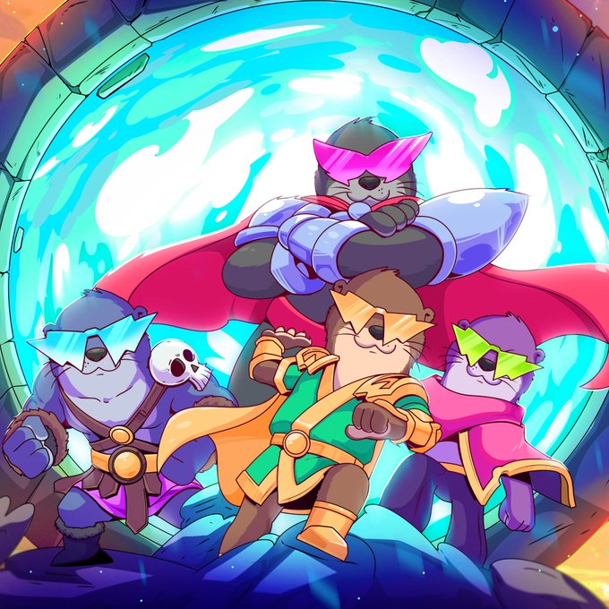 Four anthropomorphic beavers strike heroic poses before a glowing blue portal, wielding magical items in a vibrant cartoon illustration that visually ties to the "GRAFT" NFT project mint announcement. The colorful team composition, complete with capes and crystal-tipped weapons, matches the project's beaver-themed branding and adventurous tone.